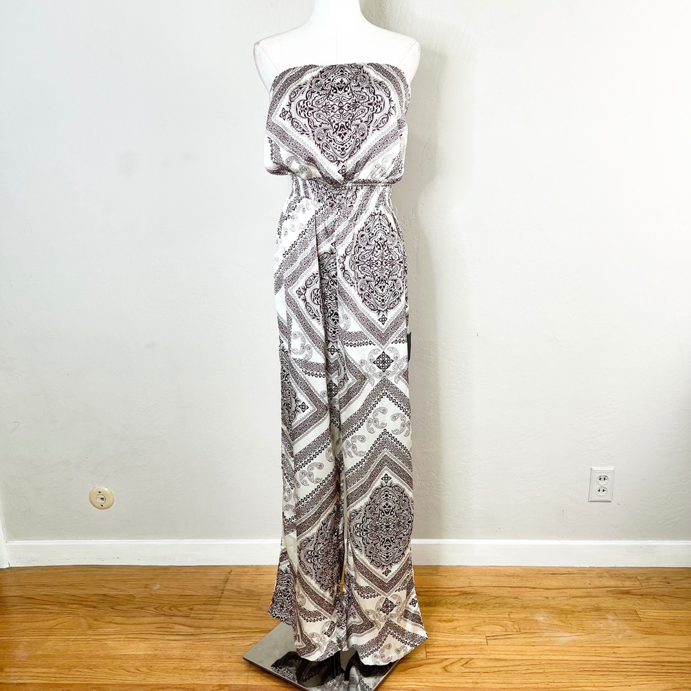 Lulus Bandana Print Strapless‎ Wide Leg Jumpsuit Satin Blouson Boho Size L NEW